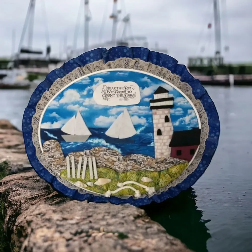 Vtg‎ Handmade Beach Wall Art Near The Sea Quilted Shells Lighthouse Beach House.